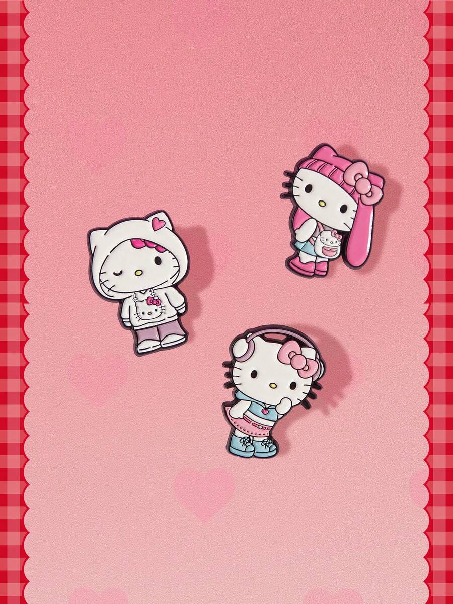 HELLO KITTY AND FRIENDS | SHEIN 3件裝卡通軟琺瑯胸針 - 彩色 - 查看 1
