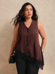 Juhart Plus Size Women's Solid Color V-Neck Sleeveless Blouse, Asymmetrical Hem Lace Trim Design, Elegant Casual Style, Suitable For Spring/Summer Vacation Outfits - Brown - View 2