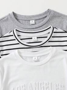 SHEIN 6件組青少年男孩休閒寬鬆字母圖案圓領T恤與短褲套裝 - 黑與白 - 查看 5