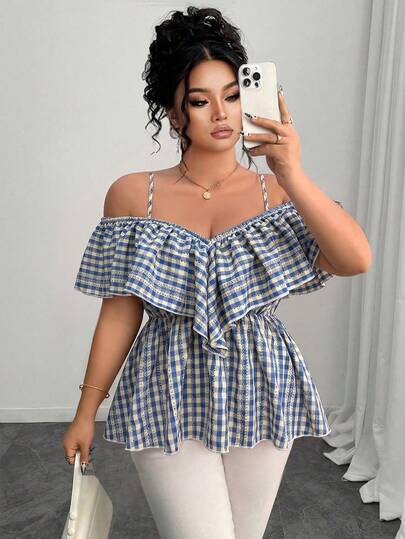 Elenzga Plus Size Spring/Summer Elegant Off-Shoulder Ruffle Strap A-Line Blouse