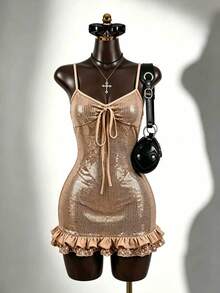 SaltGleam SaltGleam Women's Solid Color Sequin Front Tie Cami Dress - Gold - View 3