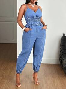 Slaydiva Plus Size Women's Pleated Pocket Casual Strappy Denim Jumpsuit - Blue - View 5