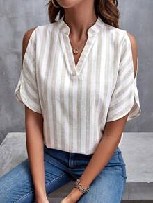 SHEIN Clasi 女款條紋缺口V領休閒百搭日常外出襯衫 - 杏色 - 查看 1