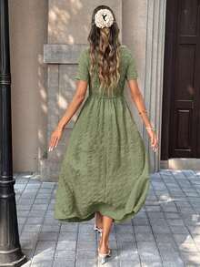 Pariaura Women's Solid Color Round Neck Pleated Casual Party Summer Dress - Green - View 2