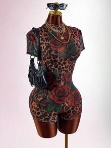 Amplova Leopard Print Bow Tie Strap Fitted Short Sleeve Ruched Floral Semi-Sheer Sexy Women's Mini Bodycon Jumpsuit - Multicolor - View 4