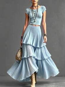 GlowEve French Romantic Sicilian Elegant Casual Commute Vacation Afternoon Tea Party Solid Color Square Neck Multi-Layer Ruffle A-Line Skirt - Blue - View 2