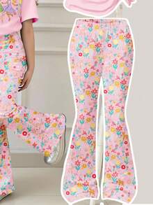 Pale Pink, Twirl Into Spring & Summer, Sweet Cute Princess, Bohemian Floral, Little Deer Pattern Print, Floral, Tween Girl Casual Comfortable Loose Crew Neck Short Sleeve T-Shirt & Slim Casual Flare Pants, Suitable For Spring & Summer Daily Wear - White - View 5