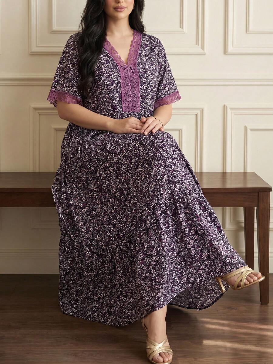 Lacomfia Summer Multicolor Print Patchwork Dark Purple Lace Trim Casual Elegant Plus Size Women's Dress Party - Multicolor - View 1