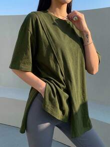 DAZY Women's Round Neck Loose Casual Split Short Sleeve T-Shirt, Summer - Army Green - View 12