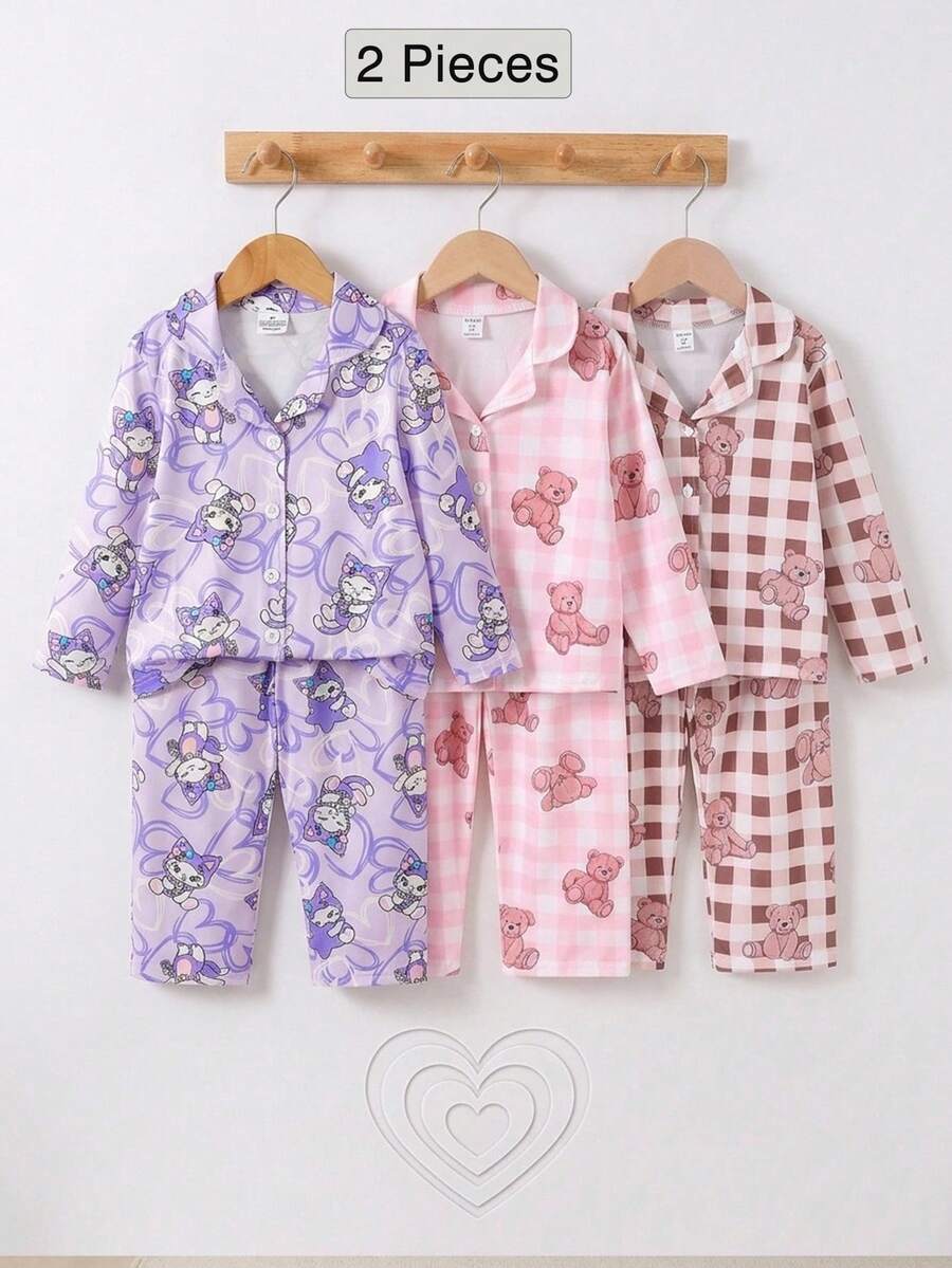 SHEIN 女童夏季新款紫色睡衣套裝,甜美仙女公主可愛卡通愛心圖案長袖上衣與長褲 2 件組居家服,適合生日禮物 - 彩色 - 查看 1