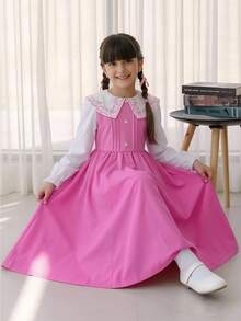 SHEIN 1件少女春/秋新款優雅編織翻領泡泡長袖拼接修身連身裙，休閒日常穿著、外出、聚會、學校、度假、旅行、生日派對禮物 - 粉色 - 查看 3
