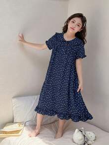 DAZY Gaun Lengan Panjang Berkerah Ruffle Motif Lembut & Nyaman untuk Anak Perempuan Remaja, Pakaian Santai Kasual - Navy Blue - View 6