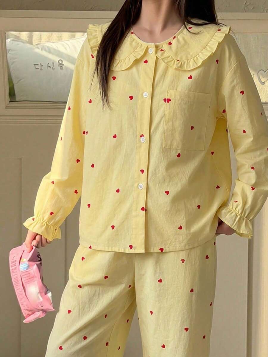 DAZY Tween Girl Fall Clothes Tween Girls Heart Pattern All-Over Print Contrast Trim Loungewear Set - Yellow - View 1