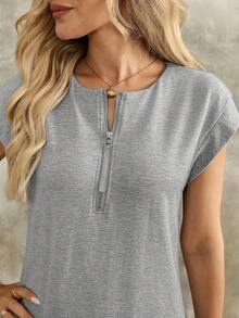 EMERY ROSE Women's Zipper Casual Solid Color Loose Fit Short Sleeve Long Dress, Summer Everyday Light Grey Birthday Going Out Vacation Outfits - Grey - View 7