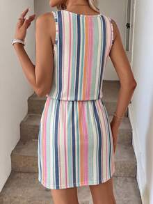 SHEIN LUNE Vestido mini holgado con estampado de rayas de colores, adecuado para vacaciones de primavera/verano - Multicolor - Ver 2