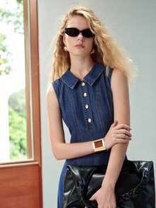 MOTF PREMIUM GAUN WANITA DENIM DENGAN KANCING SETENGAH DAN PLAKET, TANPA LENGAN, DAN MEMPERCANTIK PINGGANG - Medium Wash - View 6