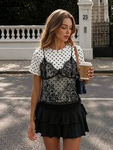 SHEIN MOD 女款黑白波點 2 合 1 蕾絲拼接圓領短版 T-shirt - 黑與白 - 查看 6