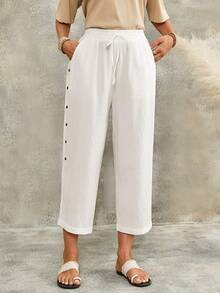 EMERY ROSE Women's Solid Color Waist Tie Pocket Button Design Casual Boho Cropped Pants Going Out Holiday Vacation Outfits White Summer - White - View 5