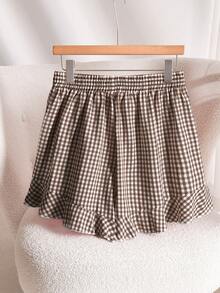 CosyJoli Shorts casuales de talla grande con estampado de cuadros rojos y dobladillo con volantes en línea A - Multicolor - Ver 3
