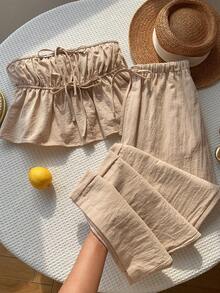 Comfortcana Damen einfarbiges plissiertes Bandeau-Top und lange Hose, lässiges 2 Stücke Set für den Alltag - Aprikosenfarben - Übersicht 1