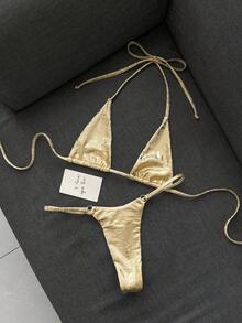 Swim SXY 女款夏季海灘金箔掛脖繫帶性感時尚比基尼兩件式泳衣套裝 - 金色 - 查看 5