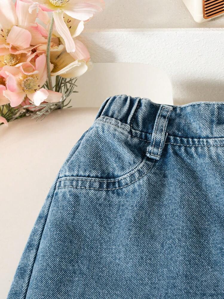 SHEIN 2pcs/Set Baju Anak Perempuan Musim Panas Model Baru Minimalis Kerah Manset Warna Blok Pita Inggris Motif Polkadot Celana Panjang Denim Kasual Potongan Lurus Pinggang Elastis Pita Samping Pakaian Liburan Pantai Musim Panas Kasual Serbaguna Modis Manis - Hitam dan Putih - View 8