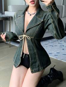 DAZY Women's Casual Sexy Lace-Up Denim Jacket, Spring/Autumn Y2K Going Out Night Out Dark Wash - Blue - View 5