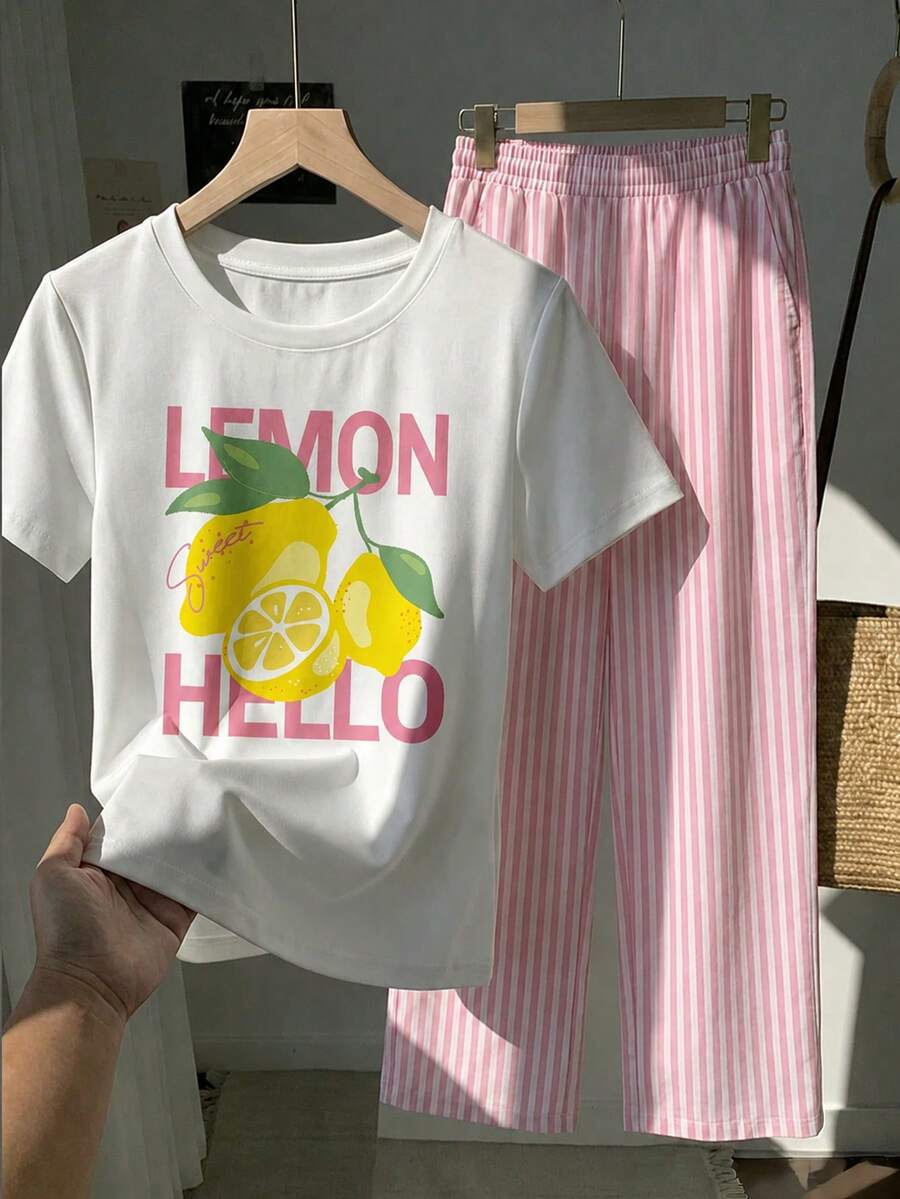 青少年女孩休閒度假夏季字母印花短袖T恤與條紋長褲2件套 - 白色 - 查看 1
