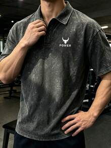 GymBeat Men Vintage Washed Bull Power Polo Shirt , Streetwear Casual Sports All Season Tee, Gym - Black - View 3