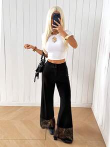 SHEIN EZwear 女款蕾絲拼接休閒百搭日常穿著長褲 - 黑色 - 查看 4