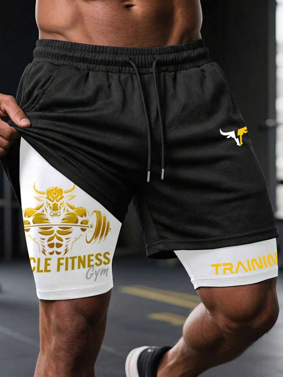 GymBeat Men's Letter Print Drawstring Waist Double Layer Sports Shorts - Multicolor - View 1