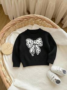 SHEIN 女嬰百搭休閒可愛黑色蝴蝶結圖案長袖秋冬毛衣 - 黑色 - 查看 5