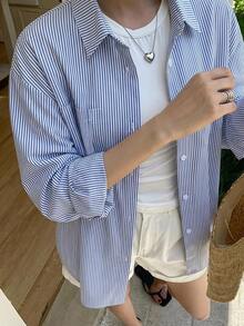 DAZY 女款寬鬆條紋長袖休閒襯衫，適合度假、夏季與秋季，校園風 - 藍色 - 查看 6