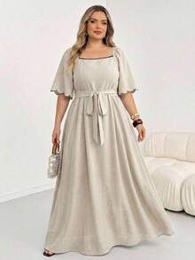 SHEIN CURVE+ Plus Size Women's Floral Trim Square Neck Raglan Sleeve Elegant Dress - Beige - View 5