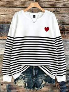 EMERY ROSE Plus-Size Women's Casual Striped Crew Neck Long-Sleeved Sweatshirt With Heart Embroidery, Autumn/Win - Multicolor - View 1