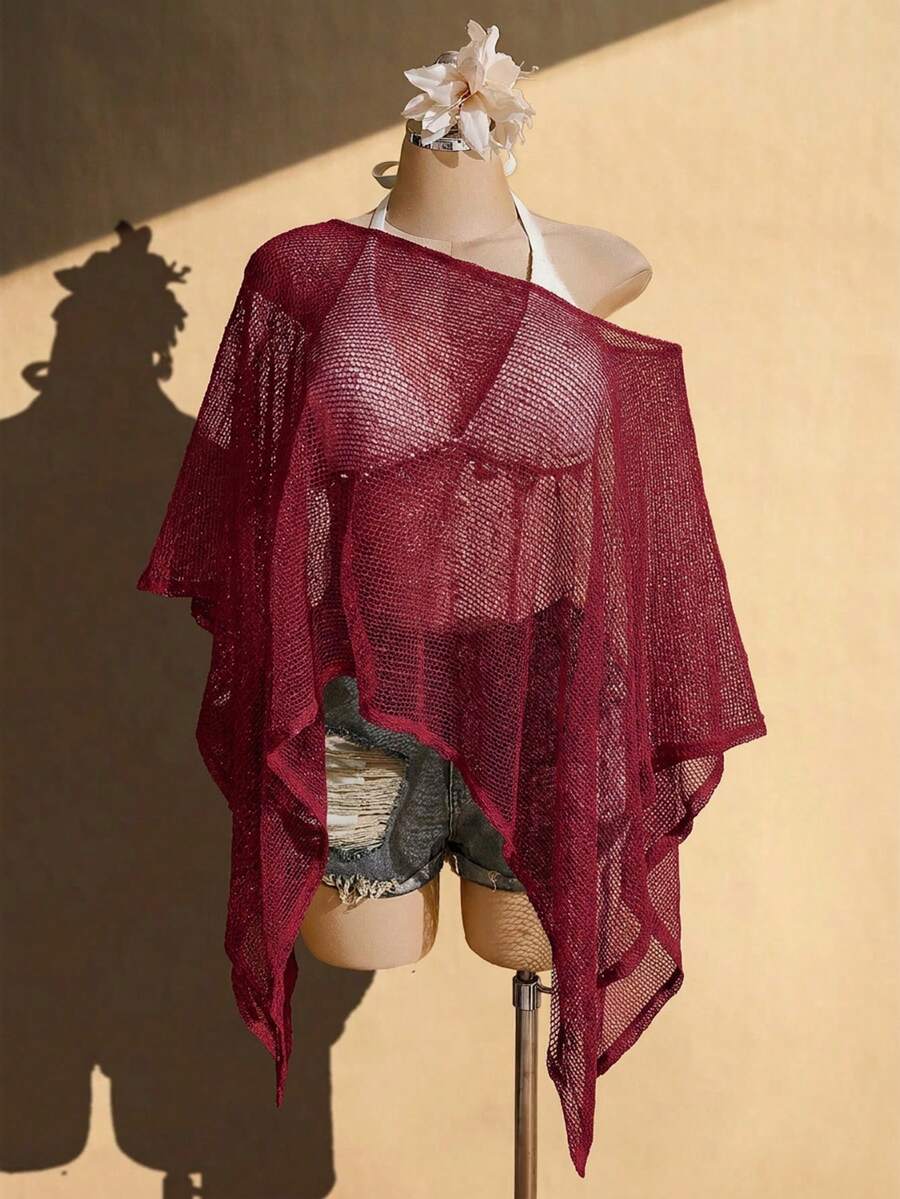 SHEIN ICON 女款大尺碼春夏鏤空網紗杏色上衣 - 酒紅色 - 查看 1