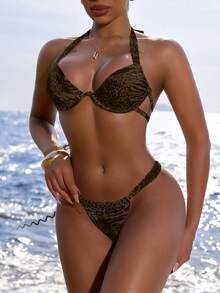 Swim SXY Brown Print Halter Neck Underwire Top And Thong Bikini Set Beach Party Summer Sexy - Coffee Brown - View 4