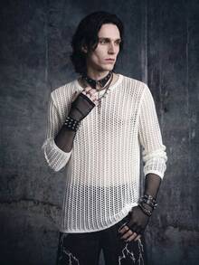 Vyqestra Men Solid Open Knit Top Round Neck Long Sleeve Pullover Plain White Sweater For Boyfriend Gift, Fall - White - View 1