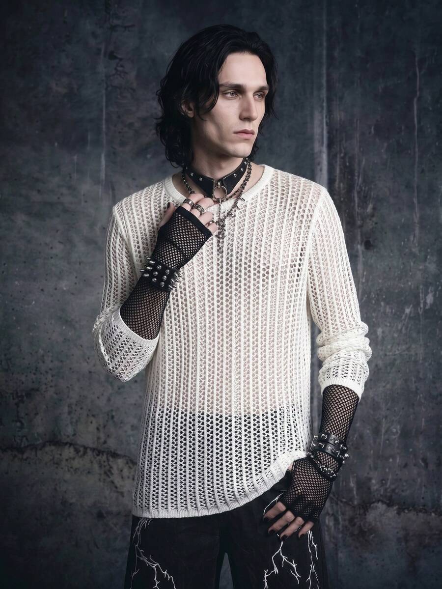 Vyqestra Men Solid Open Knit Top Round Neck Long Sleeve Pullover Plain White Sweater For Boyfriend Gift, Fall - White - View 1