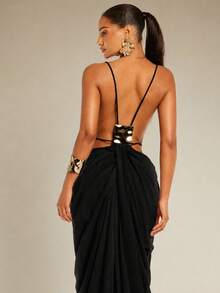 Silquee Women's Solid Color Sexy Spaghetti Strap Dress With Metal Back Decoration - Black - View 9
