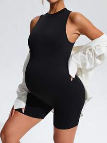 SHEIN Maternity Solid Color Casual Daily Wear Sports Romper - Black - View 11