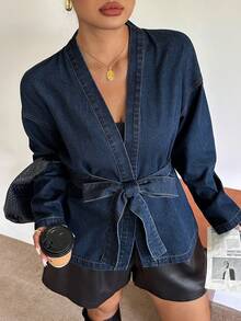 Dazy Plus Commuter Office Summer Cotton Blue Tie-Front Cross Neck Long Sleeve Spring Summer Autumn Blogger Casual Plus Size Women's Denim Top - Dark Wash - View 6