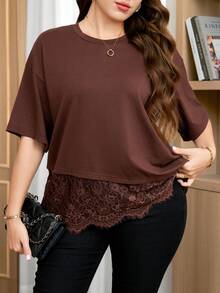 SHEIN Clasi Plus Size Women's Round Neck Lace Patchwork Casual Versatile Daily Wear T-Shirt - Brown - View 4