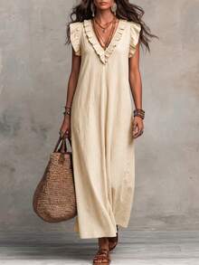 SHEIN LUNE Women's Solid Color Ruffle Hem Premium Texture Linen Casual Boho Dress Vacation White Summer - Apricot - View 3