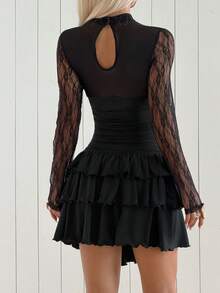SHEIN EZwear Women's Romantic Elegant Goth Sexy Lace Ruffle Multi-Layer Hemline Dress Club Night Party Black Floral Autumn Halloween - Black - View 3