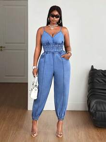 Slaydiva Plus Size Women's Pleated Pocket Casual Strappy Denim Jumpsuit - Blue - View 4