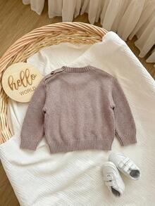 SHEIN Baby Girl Cable Knit Round Neck Long Sleeve Casual Versatile Autumn Winter Sweater - Khaki - View 3
