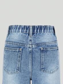 SHEIN ChillGRL 女童牛仔褲，休閒學院風，休閒街頭風，女童校園拉鍊藍色牛仔褲，適合購物、戶外活動等多種場合 - 藍色 - 查看 4
