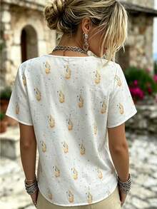 SHEIN Floral Butterfly Pattern Contrast Lace V-Neck Short Sleeve Blouse For Middle-Aged And Elderly Women - White - View 2