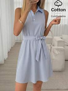 Easowa Women's Blue And White Stripe Shirt Collar Casual Preppy Elegant Basic Sexy Coastal Chic Sleeveless Mini Dress Cotton Summer Brunch School Holiday - Blue and White - View 2
